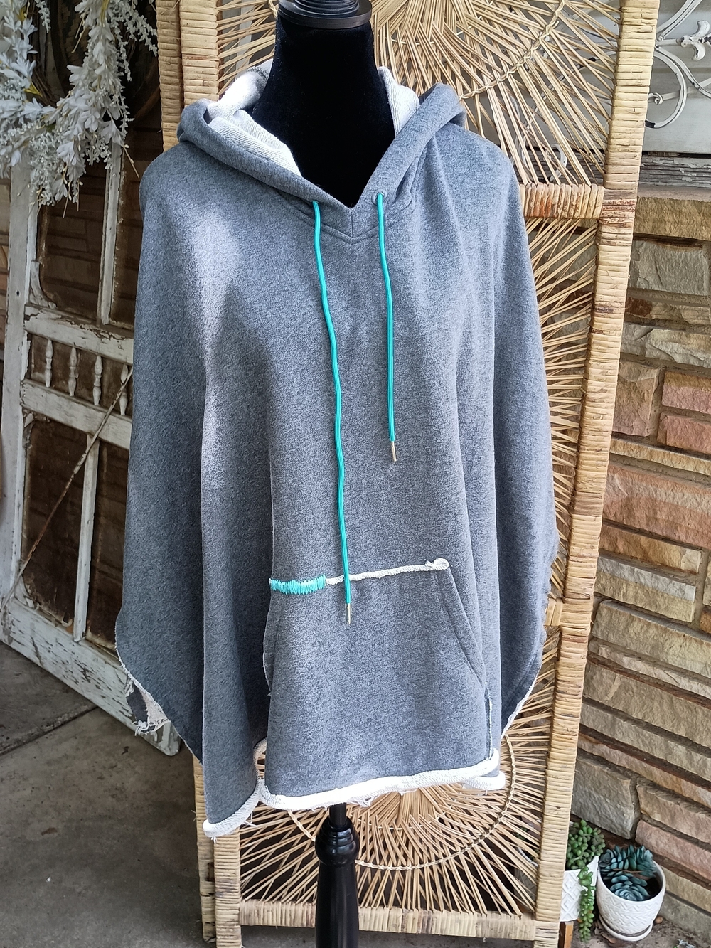 Caryn Lawn Gray Hooded 100% Cotton Sweater Poncho with Teal Drawstrings_OS